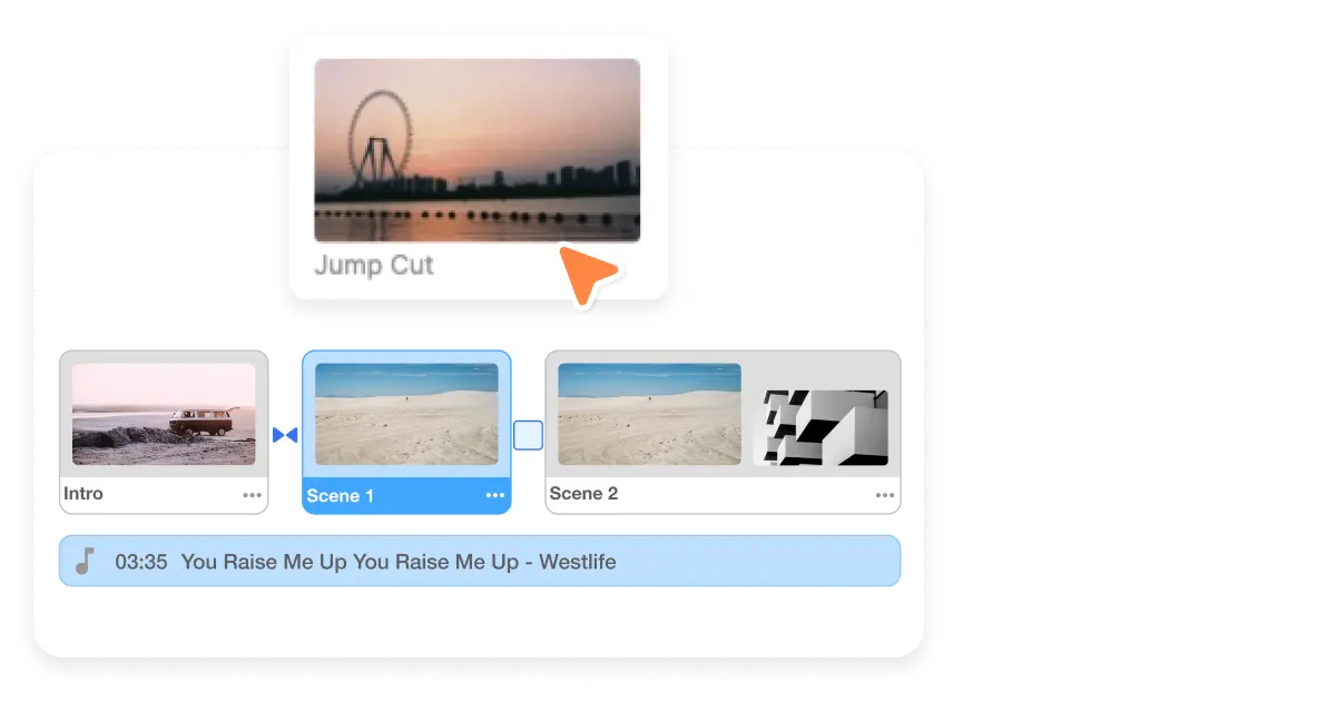 Graphic of 'Energize with Jump Cuts' transition by Visla, depicting a fast-paced scene change that maintains audience engagement by cutting to key moments, ideal for dynamic storytelling in videos.